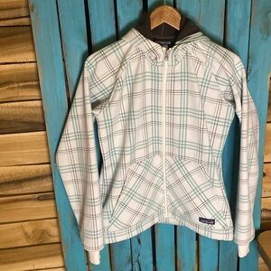 Patagonia women’s Slopestyle hooded jacket size medium white green brown